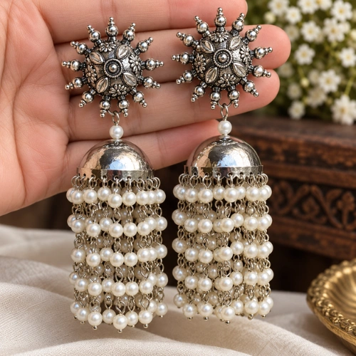 Oxidized Silver Jhumka Earrings